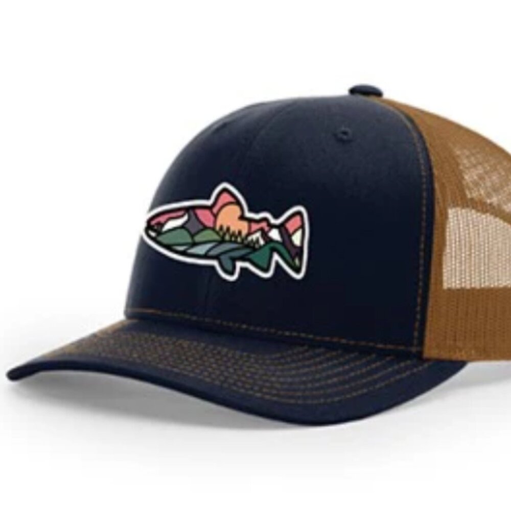 Atomic Child Trout Trucker Cap Navy Khaki Outdoorsy Fisherman Nature